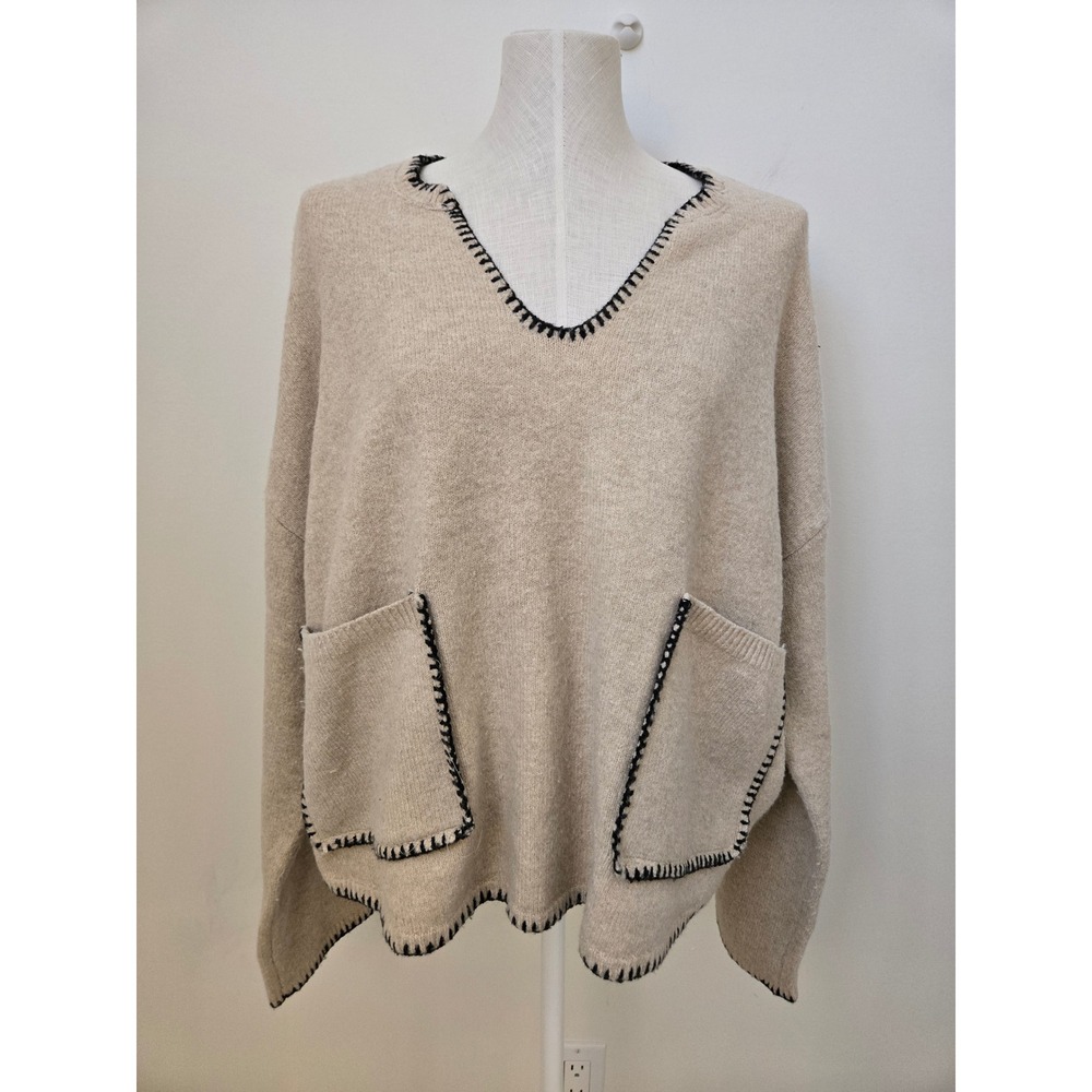 Christian Lacroix Beige Blanket Stitch Oversized Pocket Sweater XL